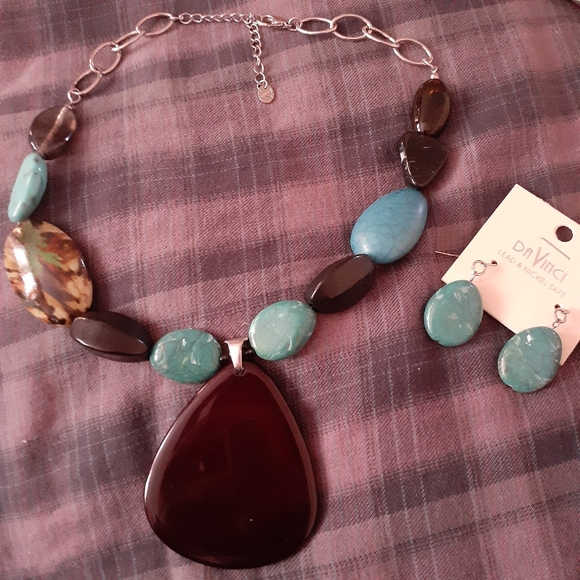 Necklace Earings Set Turquoise Colours Stone Shapes Artificial - Picture 8 of 16